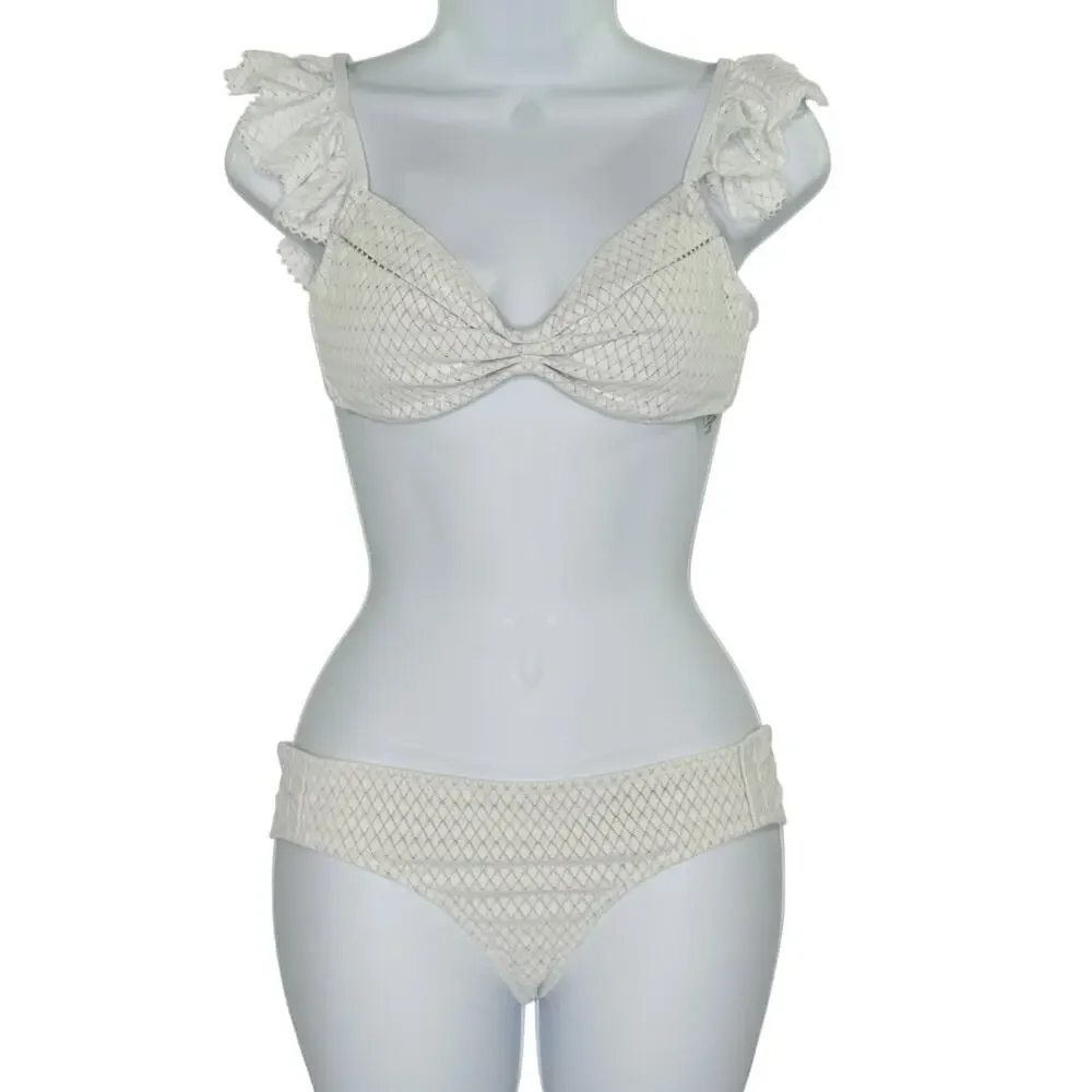 Jonathan Simkhai crochet Lace Ruffle Bikini Set M Off White Beach Resort *flaw